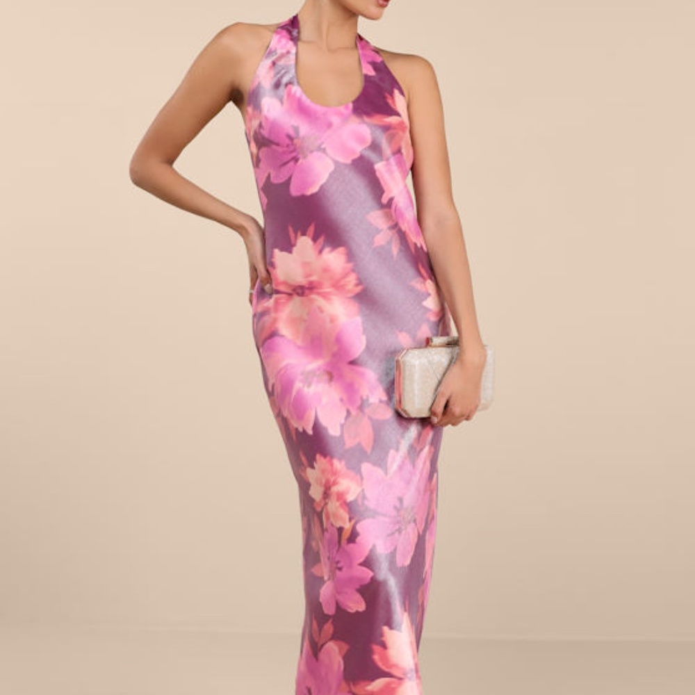 Lulus Lashay Purple And Pink Floral Satin Halter Mermaid Maxi Dress - Size M